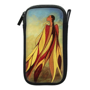 Pouch with a colorful design of a person in a red and yellow outfit against a blue sky.