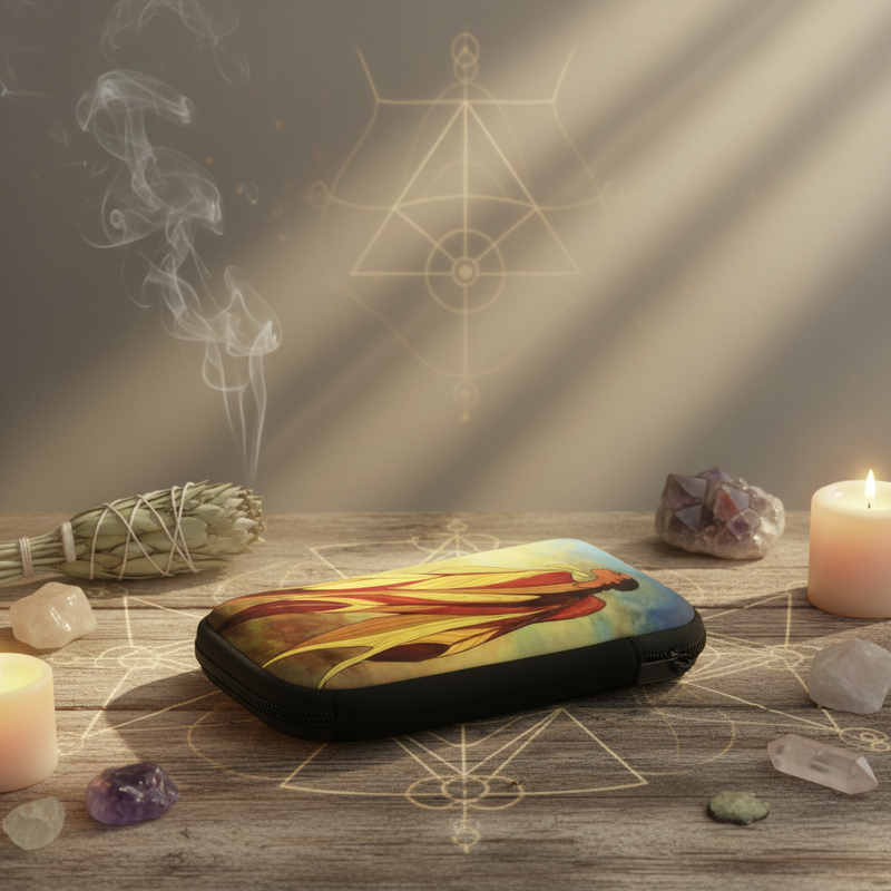 A rectangular zip pouch with a colorful abstract print of a figure in red, yellow, and blue, resting on a wooden surface surrounded by crystals, candles, and a smudging bundle against a mystical background with geometric symbols.