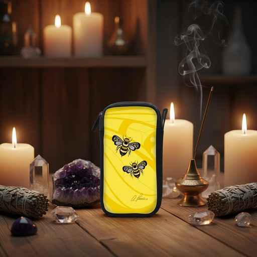 A yellow zippered pouch with black trim and two black-and-yellow bumblebee graphics, standing on a wooden table surrounded by lit candles, crystals, smudge bundles, and an incense stick in a warm, mystical setting.
