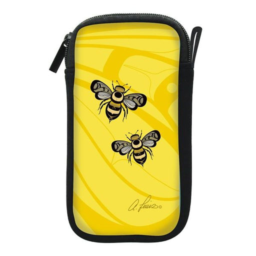 A yellow zippered pouch with a black border and zipper, featuring two illustrated bees on a yellow background with abstract curved lines and a signature near the bottom.