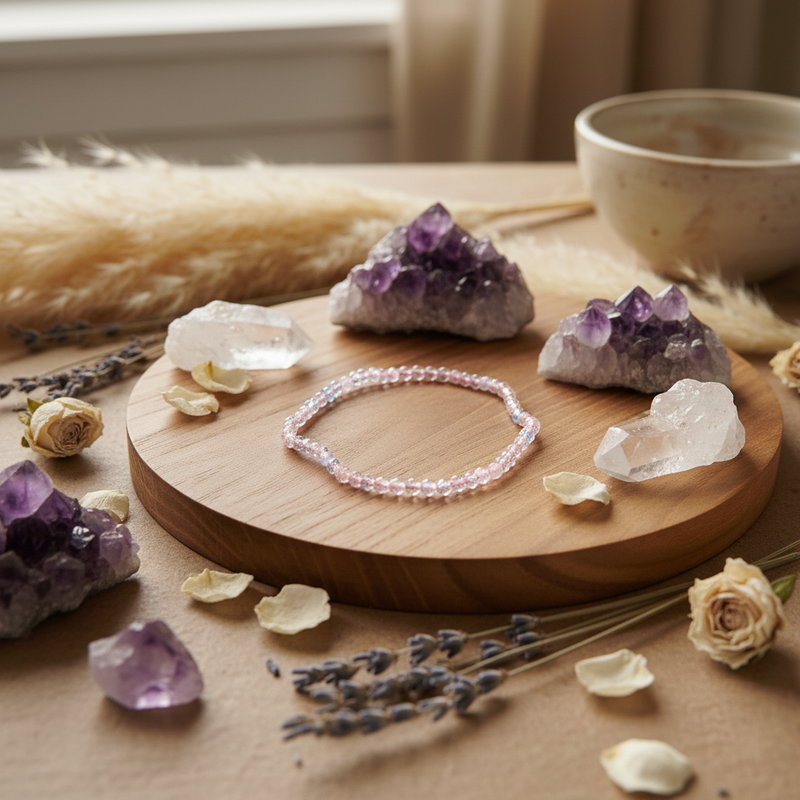 A delicate pink beaded bracelet is displayed on a round wooden board, surrounded by purple amethyst crystal clusters, clear quartz stones, dried lavender, and flower petals in a warm, styled setting.