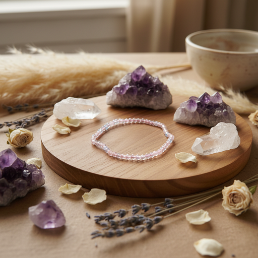 A delicate pink beaded bracelet is displayed on a round wooden board, surrounded by purple amethyst crystal clusters, clear quartz stones, dried lavender, and flower petals in a warm, styled setting.