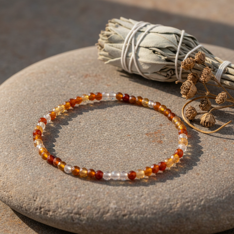 A beaded stretch bracelet made of amber, brown, and translucent clear beads, displayed on a smooth gray stone next to a sage smudge bundle.