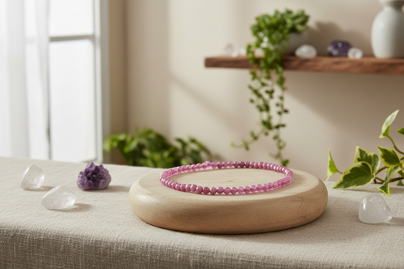 A pink beaded bracelet displayed on a round wooden stand on a linen-covered table, with crystals and green plants in a softly blurred indoor setting.