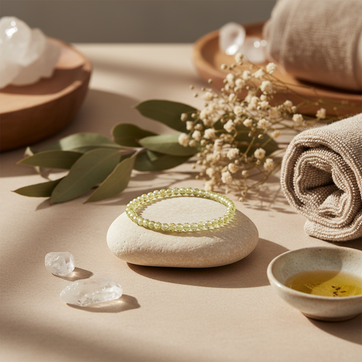 A light green beaded bracelet displayed on a smooth white stone, surrounded by spa-style props including rolled beige towels, dried flowers, green leaves, clear crystals, and a small bowl of oil on a warm beige surface.