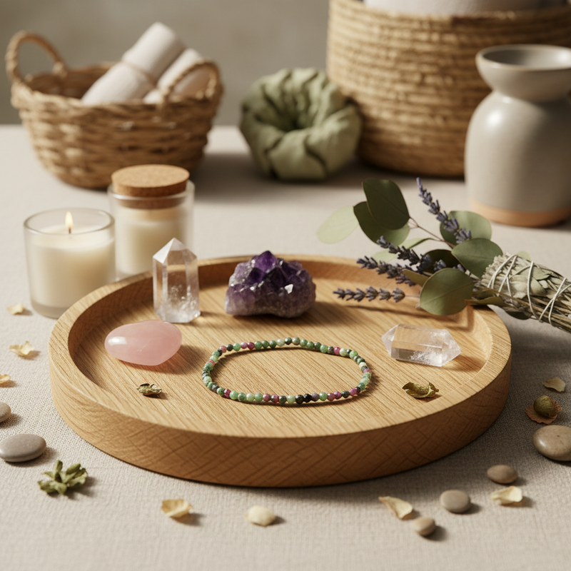 A bohemian-style beaded bracelet with green, pink, and gold beads is displayed on a round wooden tray, surrounded by crystals, a pink stone, a purple amethyst cluster, dried lavender, and candles in a warm, styled setting.