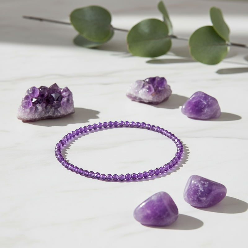 A purple beaded bracelet arranged in a circle on a white marble surface, surrounded by purple crystal stones and green eucalyptus leaves in soft natural light.