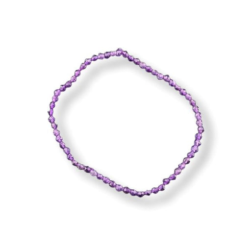 A single beaded bracelet made of small faceted purple beads, arranged in a loose circle on a clean white background.