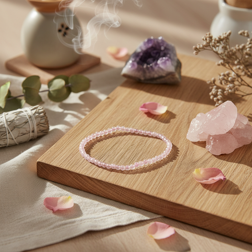 A delicate pink beaded bracelet rests on a light wooden board, styled with pink crystal clusters, rose petals, dried flowers, a smudge bundle, and a purple amethyst geode in a warm, sunlit setting.