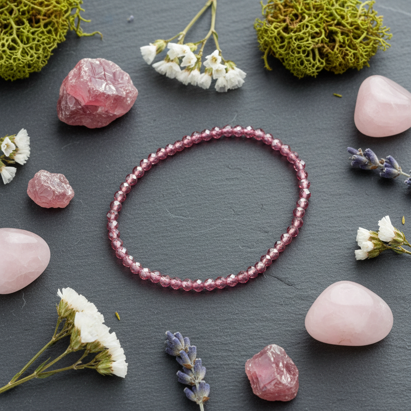 A beaded stretch bracelet made of faceted pink beads, arranged in a circle on a dark slate background and surrounded by pink crystals, dried white flowers, and green moss.