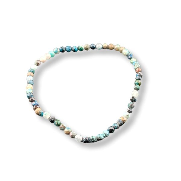 A beaded stretch bracelet made of small, polished round beads in a marbled mix of turquoise blue, green, white, brown, and black, displayed on a clean white background.