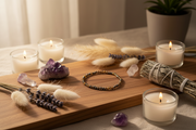 A styled tabletop scene with a beaded bracelet as the apparent product, arranged on a wooden board with candles, crystals, dried grasses, lavender, and a sage bundle in a softly lit interior.