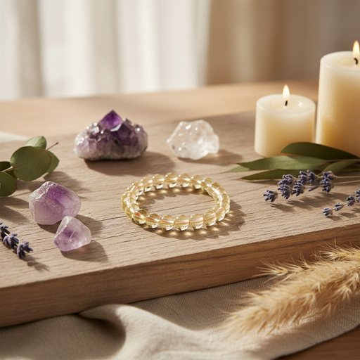 A translucent yellow beaded bracelet rests on a wooden tray surrounded by crystals, lavender, greenery, and lit candles in a warm, softly lit setting.