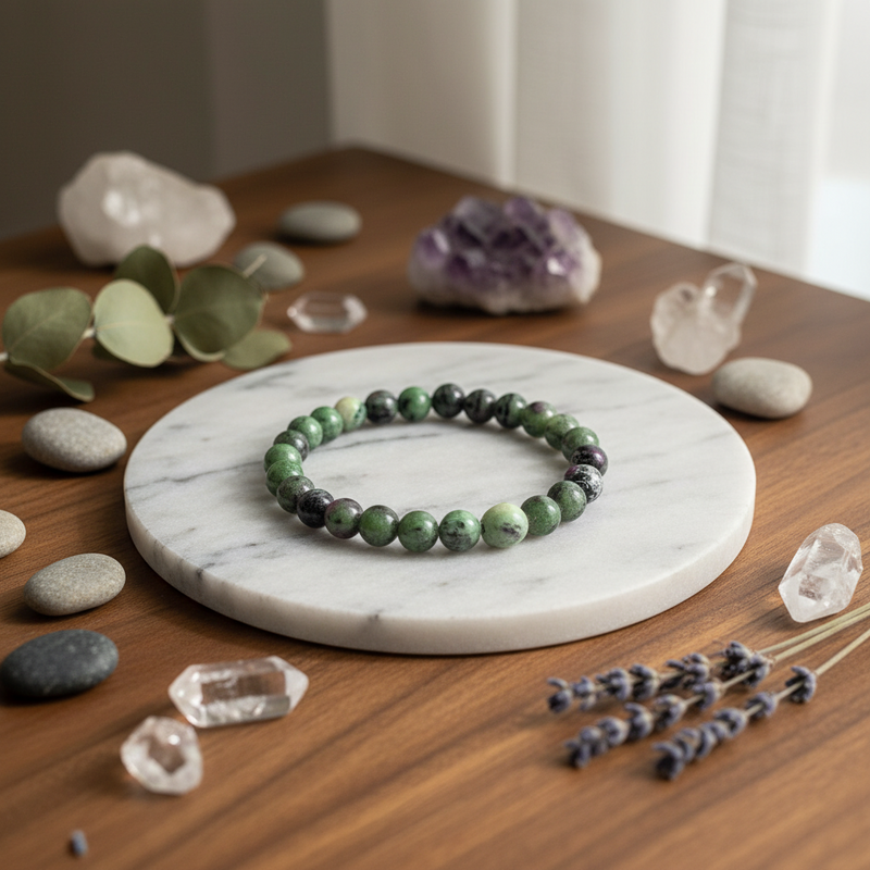 A beaded stretch bracelet made of green and dark gray marbled beads sits on a round white marble tray, styled on a wooden tabletop with crystals, lavender, and green leaves.