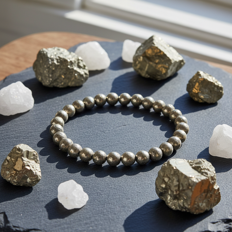 A beaded bracelet made of metallic silver-gray round beads is arranged in a circle on a dark slate tray, surrounded by rough white and metallic mineral stones in bright natural sunlight.