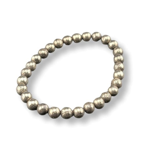 A beaded stretch bracelet made of metallic, textured silver beads, shown on a clean white background with a soft drop shadow.
