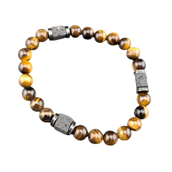 A beaded stretch bracelet made of polished tiger's eye beads in brown and gold tones, accented by two dark gray textured cylindrical spacers, shown on a plain white background.
