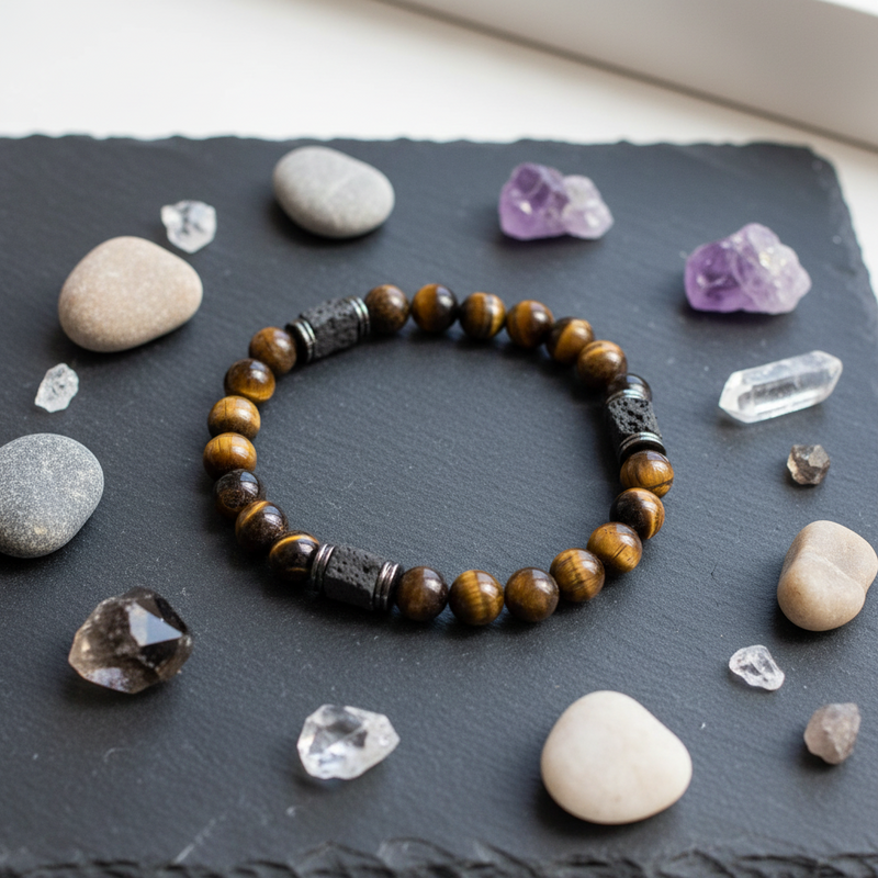 8mm Bracelet Men's Tiger's Eye and Lava Stone Cube