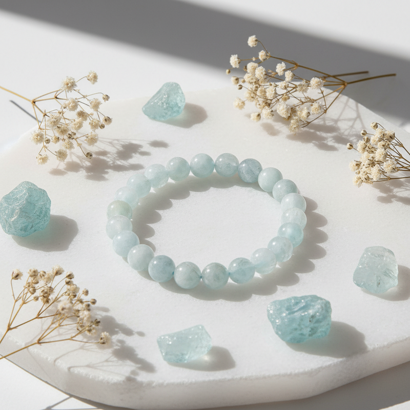 A light blue beaded bracelet arranged in a circle on a white textured surface, surrounded by small dried white flowers and several pale blue rough crystal pieces under bright directional sunlight.
