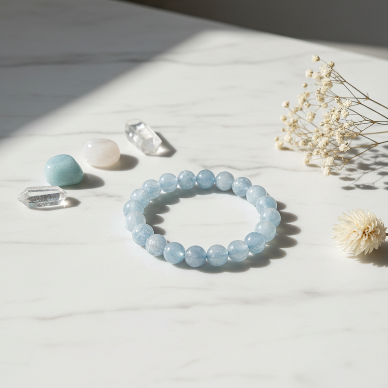 A light blue beaded bracelet arranged in a circle on a white marble surface, styled with small crystals and dried white flowers under soft natural shadows.