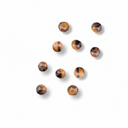 Nine round tiger's eye beads with brown and golden-brown banded patterns, arranged on a clean white background with soft drop shadows.