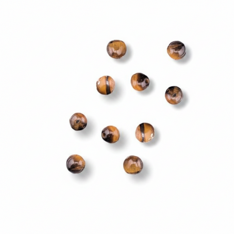 Nine round tiger's eye beads with brown and golden-brown banded patterns, arranged on a clean white background with soft drop shadows.