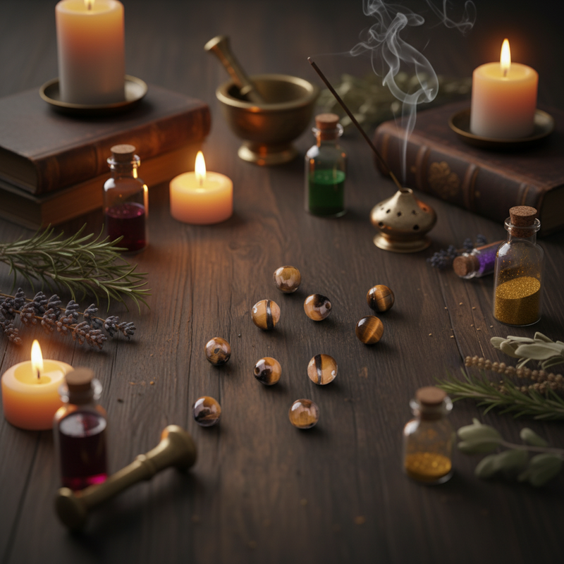 A styled tabletop arrangement with lit candles, small glass bottles, a brass mortar and pestle, an incense holder with smoke, books, herbs, and several amber marbled beads scattered in the center on a dark wooden surface.