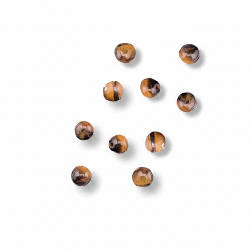 Nine round tiger's eye beads with brown and golden-brown banded patterns, arranged on a clean white background with soft drop shadows.