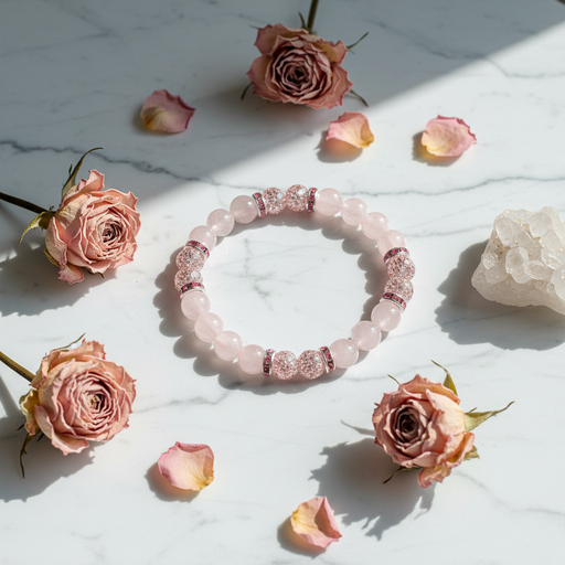 A pink beaded bracelet with clear rhinestone accents, arranged on a white marble surface surrounded by pink roses and petals.