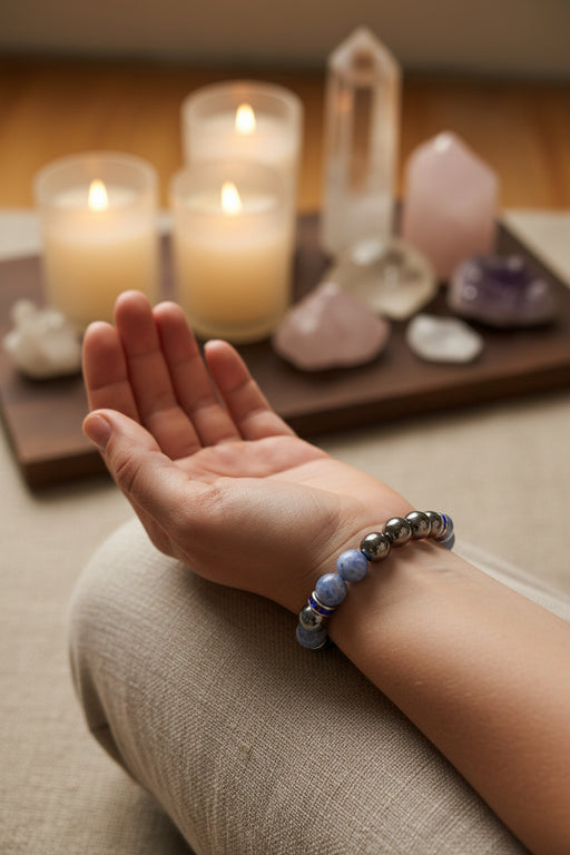 A Person wearing a  beaded stretch bracelet featuring metallic dark gray gunmetal beads, light blue sodalite beads, and small blue and silver spacer rings, sitting in front of a crystal and candle display 