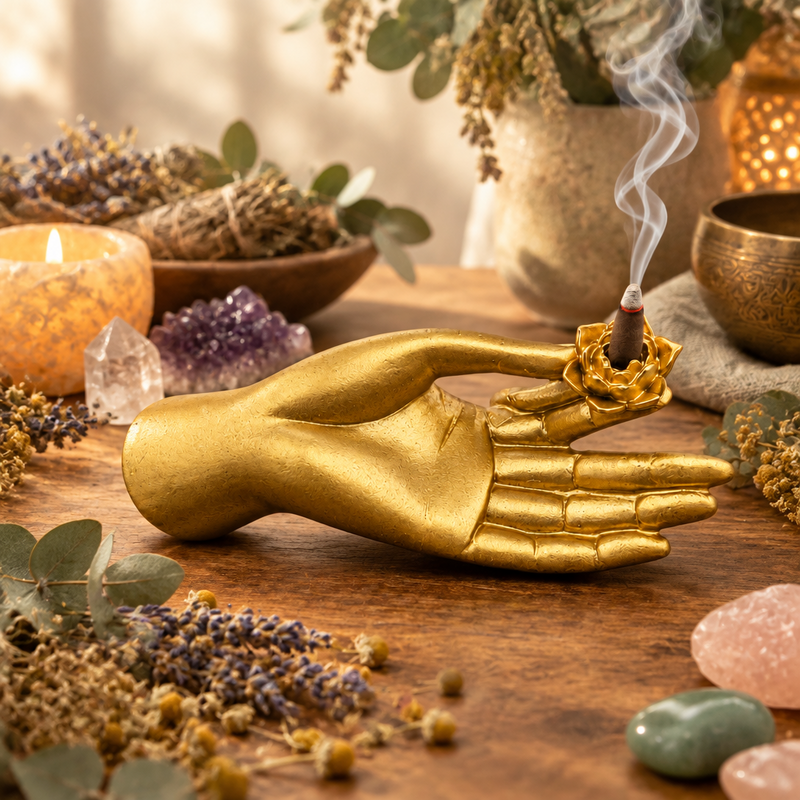 Golden mudra hand incense burner on a brown table surrounded by herbs, crystals, flowers , candles and a singing bowl.