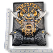 A Viking warrior wall bookshelf decor featuring a horned helmet, beard, blue eyes, and raven details, shown with metal rulers on the left and bottom to indicate dimensions against a white background.