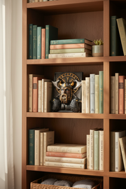 A wooden bookshelf filled with books, featuring a decorative black Viking helmet sculpture on a middle shelf, with a small potted plant and woven basket at the bottom.