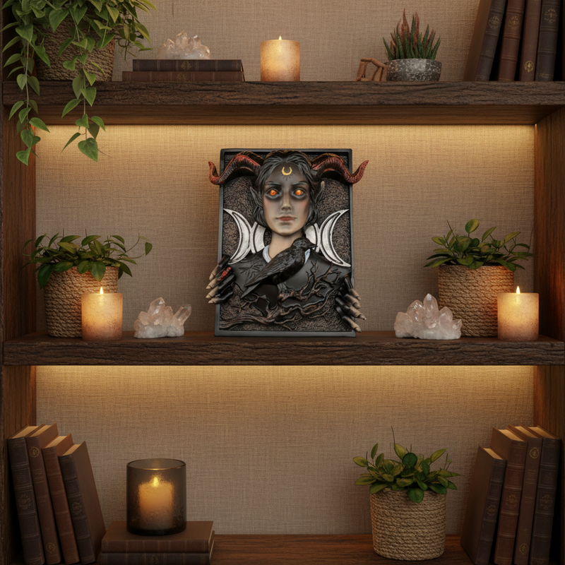 A gothic bookshelf decor featuring a dark fantasy illustration of a horned female figure with glowing orange eyes and a raven, displayed on a wooden bookshelf with candles, plants, and books.