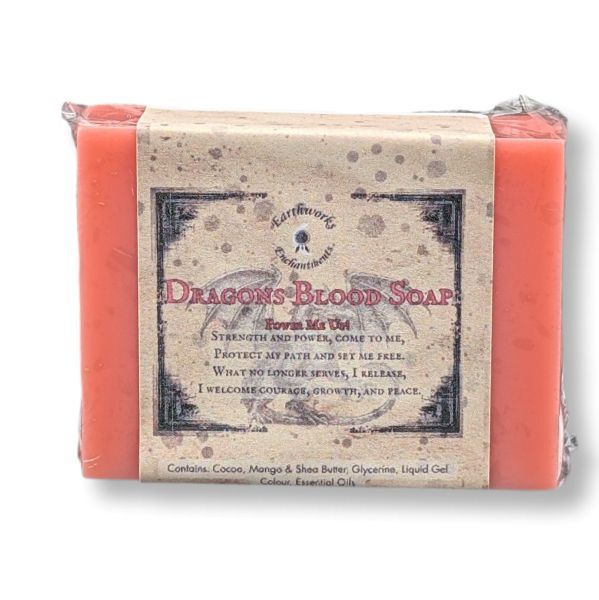 A wrapped bar of soap labeled 'Dragons Blood Soap' on a white background