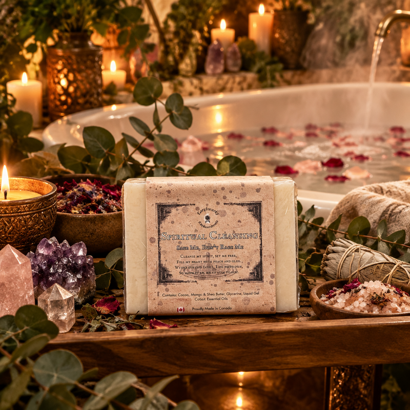 A bar of Spiritual Cleansing soap sits on a wooden table by a bath, surrounded by herbs, crystals and candles 