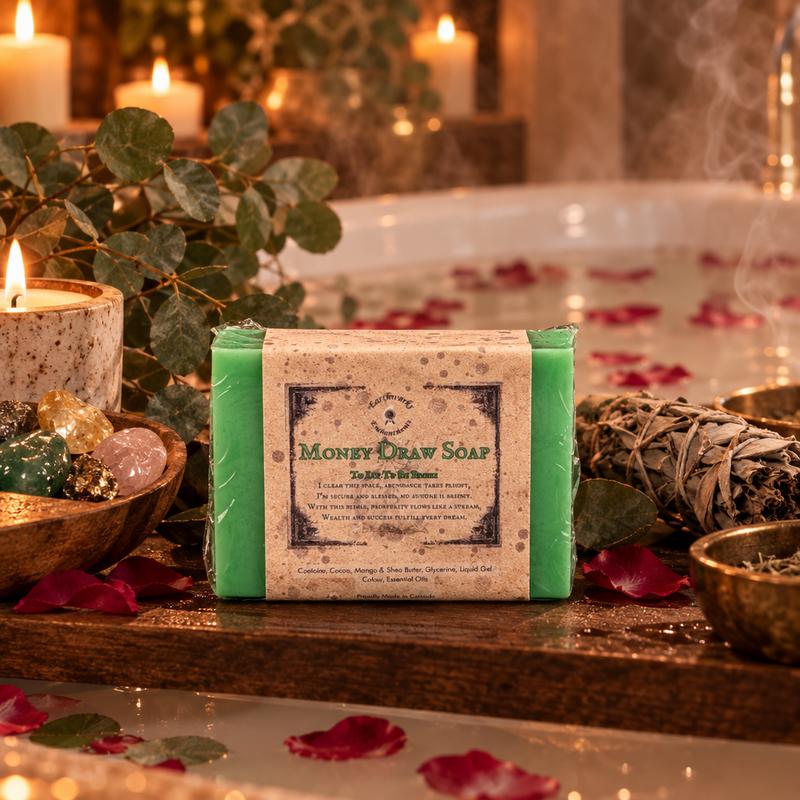 A wrapped bar of Money Draw Soap stands on a wooden tray in a spa-like setting with candles, rose petals, crystals, sage, and a steamy bathtub in the background.