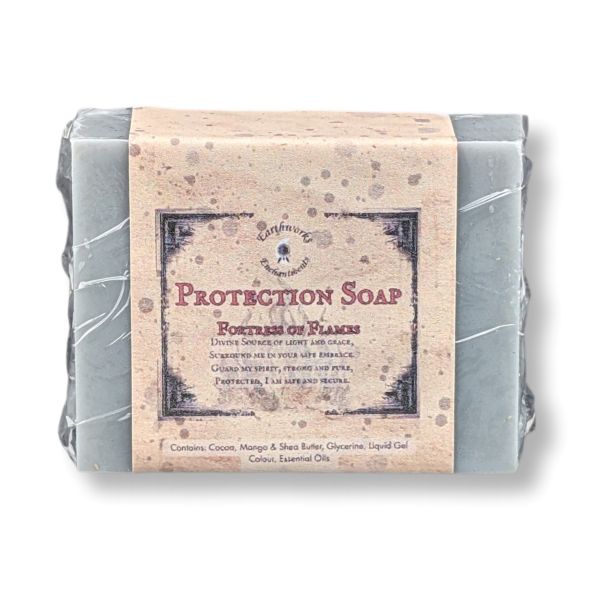 A wrapped bar of soap labeled 'Protection Soap'  photographed on a white background.
