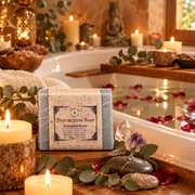 A wrapped bar of soap labeled 'Protection Soap' sits on a wooden tray in a spa-like bathroom scene with lit candles, bathwater, rose petals, eucalyptus leaves, and crystals.