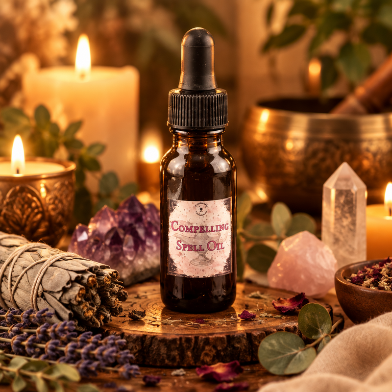 A small amber glass dropper bottle labeled 'Compelling Spell Oil' with a black rubber dropper cap, shown on a wooden platform surrounded by crystals, candles and herbs