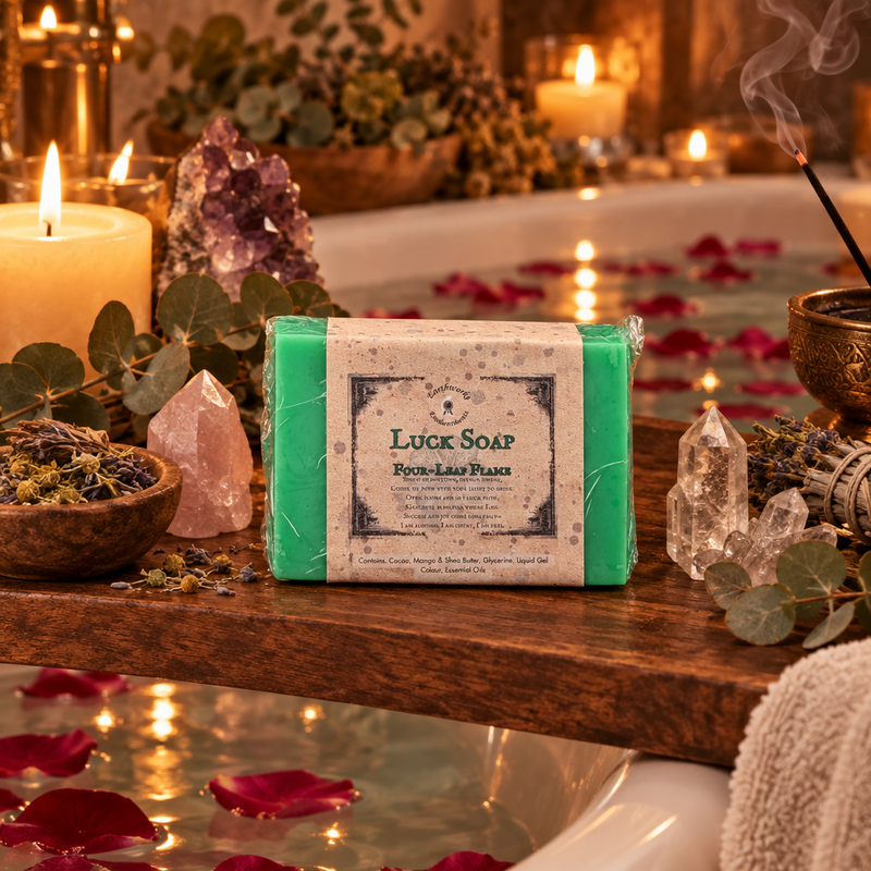 A wrapped bar of soap labeled 'Luck Soap' sits on a wooden ledge over a bathtub filled with water, rose petals, candles, crystals, and dried botanicals in a warm, atmospheric setting.