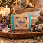 A bar of Evil Eye Soap by Earthworks Enchantments is displayed on a rustic wooden tray, surrounded by crystals herds and candles in a bathroom