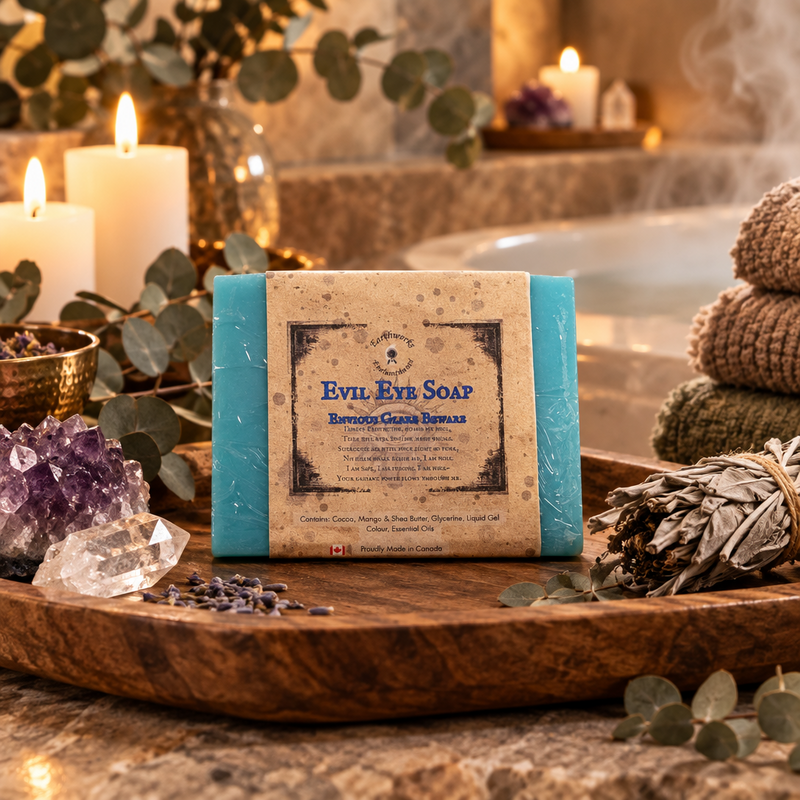 A bar of Evil Eye Soap by Earthworks Enchantments is displayed on a rustic wooden tray, surrounded by crystals herds and candles in a bathroom