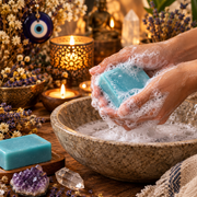 A person's hands lathered in soap foam hold a turquoise blue bar of soap over a rustic stone bowl filled with soapy water, surrounded by candles, dried flowers, crystals, and a matching soap bar on a wooden surface.