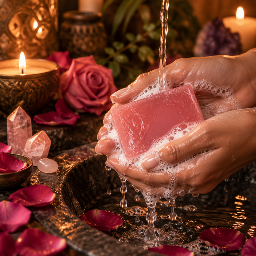 A pink rectangular bar of soap being washed under running water in a stone basin, held by two hands covered in soap foam. The scene is styled with pink rose petals, lit candles, crystals, and green foliage in the background.