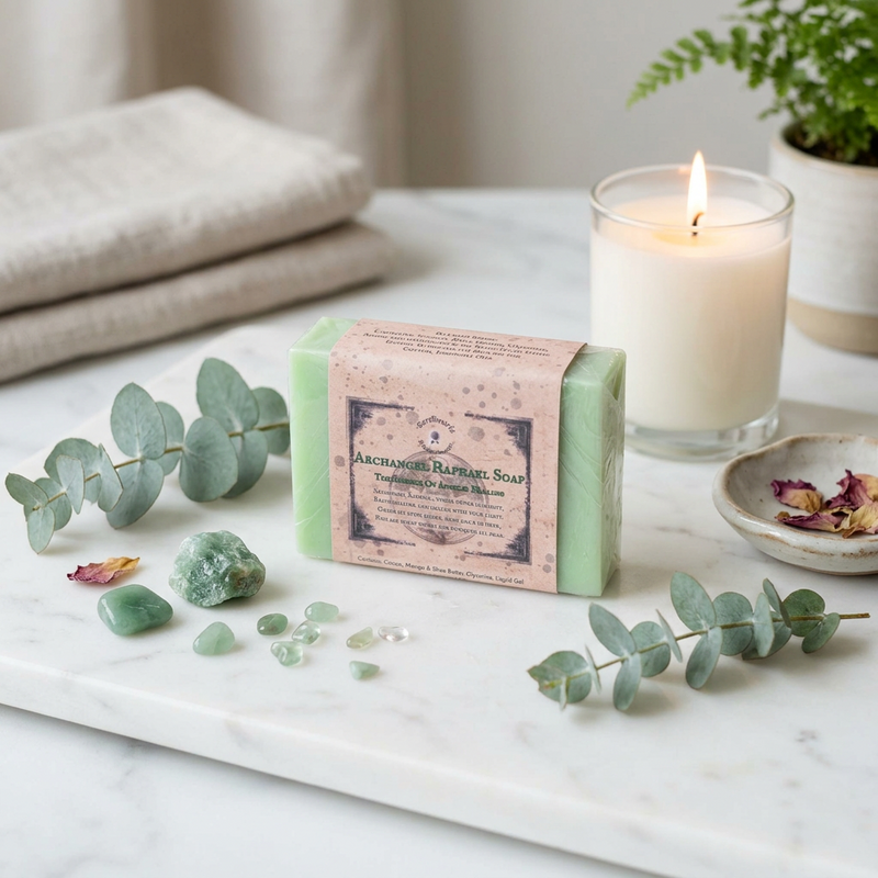 A bar of soap labeled 'Archangelic Baptism Soap' sits on a white marble tray, surrounded by eucalyptus sprigs, crystals, a lit candle, folded towels, and a small dish with dried petals.