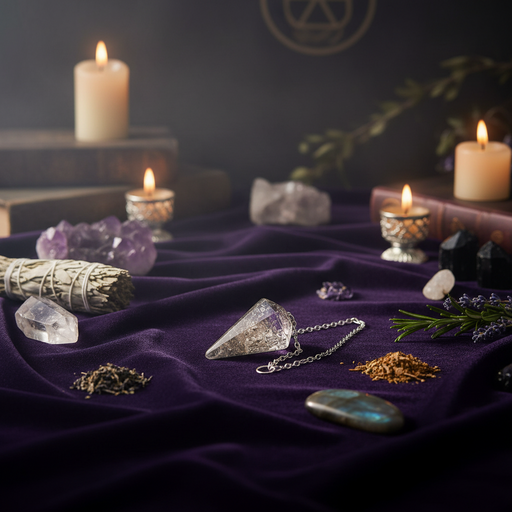 Wiccan or spiritual items including crystals, candles, and herbs on a purple cloth.