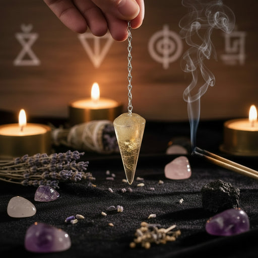 Citrine pendulum in spiritual background with crystals and herbs  candles in background