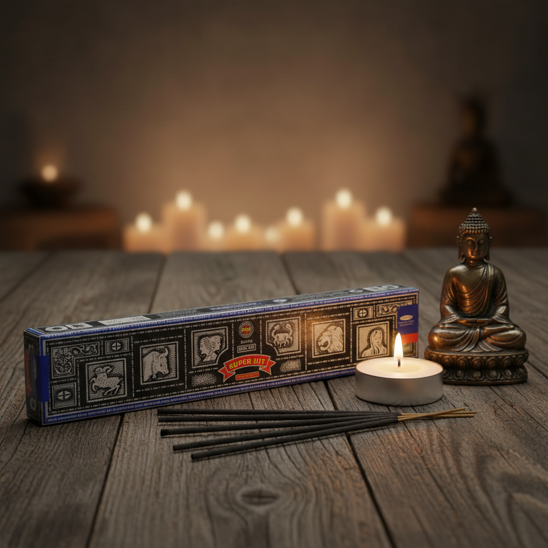 Incense sticks with packaging, lit candle, and Buddha statue on a wooden surface with blurred candles in the background.