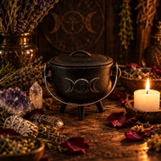 A black cast iron cauldron with a triple moon symbol on the lid, styled on a rustic wooden surface with dried lavender, crystals, a lit candle, and other mystical props.